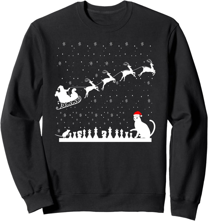 Silhouette Kitty and Mouse Playing Chess Santa Schleigh Xmas Sweatshirt