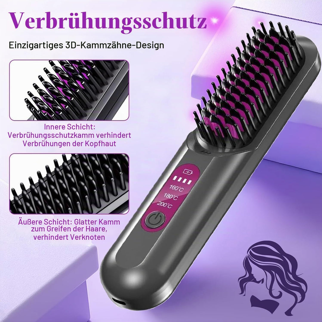 Glättbürste Kabellos Stylingbürste für Kurze Haare, Tragbare Glättungsbürste für Haarstyling, Go Bru