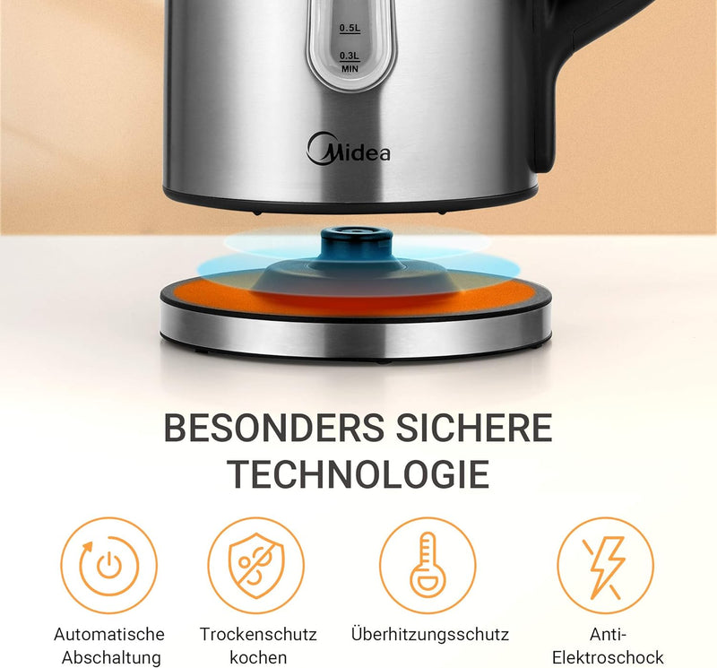 Midea Wasserkocher aus Edelstahl 1,7 Liter, Wasserkocher mit Temperatureinstellung (40, 60, 70, 80,