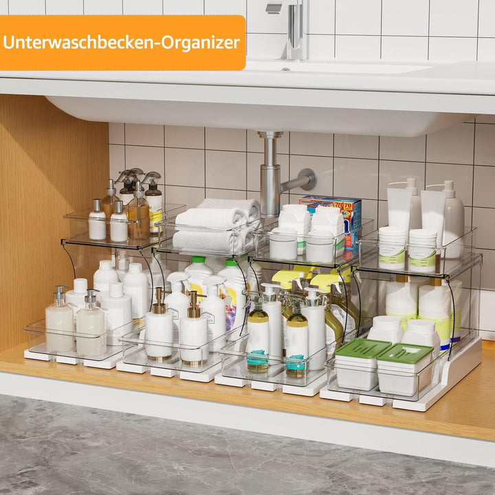 2er Set Badablage Organizer mit Schubladen, 2-stufig drehbar, transparenter Badezimmer Organizer für
