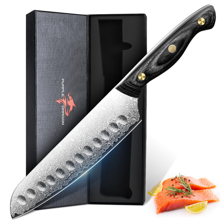 Purple Dragon Damast Santoku Messer - Küchenmesser mit VG10 Kernen und Holzgriff – Handgeschmiedetes