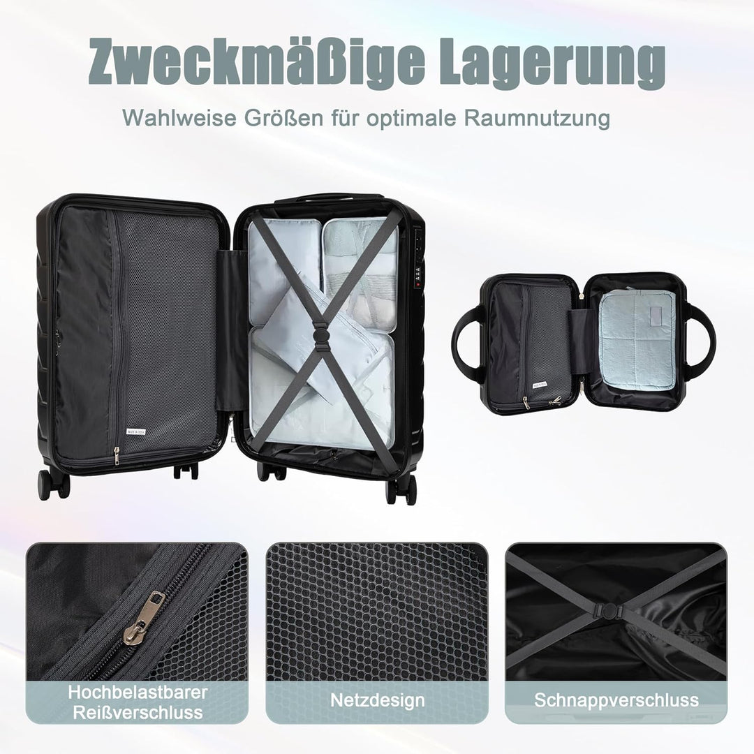 Hartschalen-Koffer Trolley Handgepäck Rollkoffer, Reisekoffer Set mit 4 Rollen, 2er Gepäckset Schwar