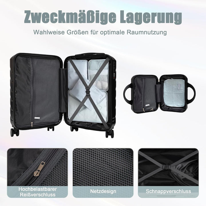 Hartschalen-Koffer Trolley Handgepäck Rollkoffer, Reisekoffer Set mit 4 Rollen, 2er Gepäckset Schwar