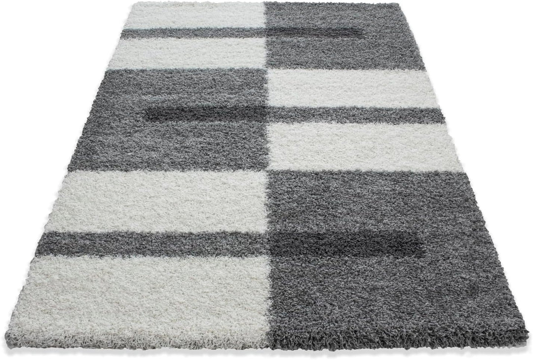 Carpetsale24 Teppich Wohnzimmer Moderne Kariert Design Shaggy Flokati 280 x 370 cm Hellgrau-Creme -