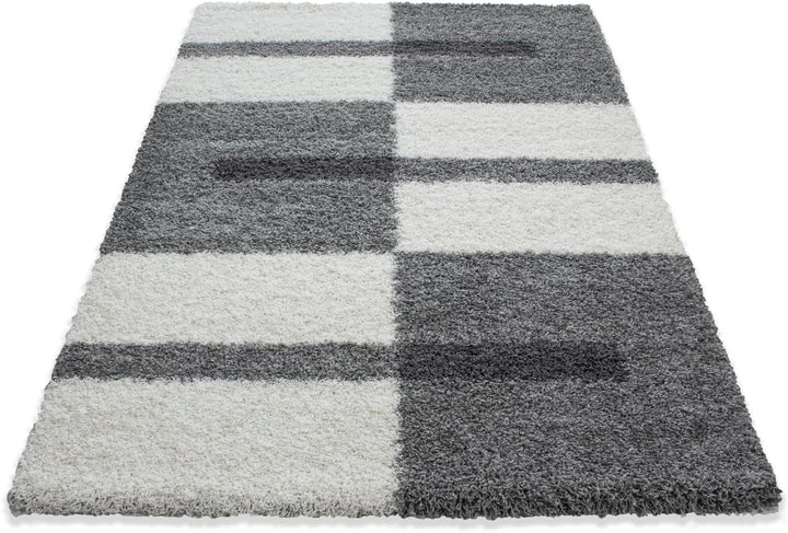 Carpetsale24 Teppich Wohnzimmer Moderne Kariert Design Shaggy Flokati 280 x 370 cm Hellgrau-Creme -