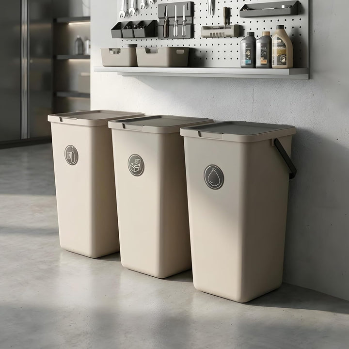 Mülltrennsystem 3 fach, 3x 32l beige, gross, Mülleimer freistehend, geruchsdicht, 34x28x53(H) cm, Be