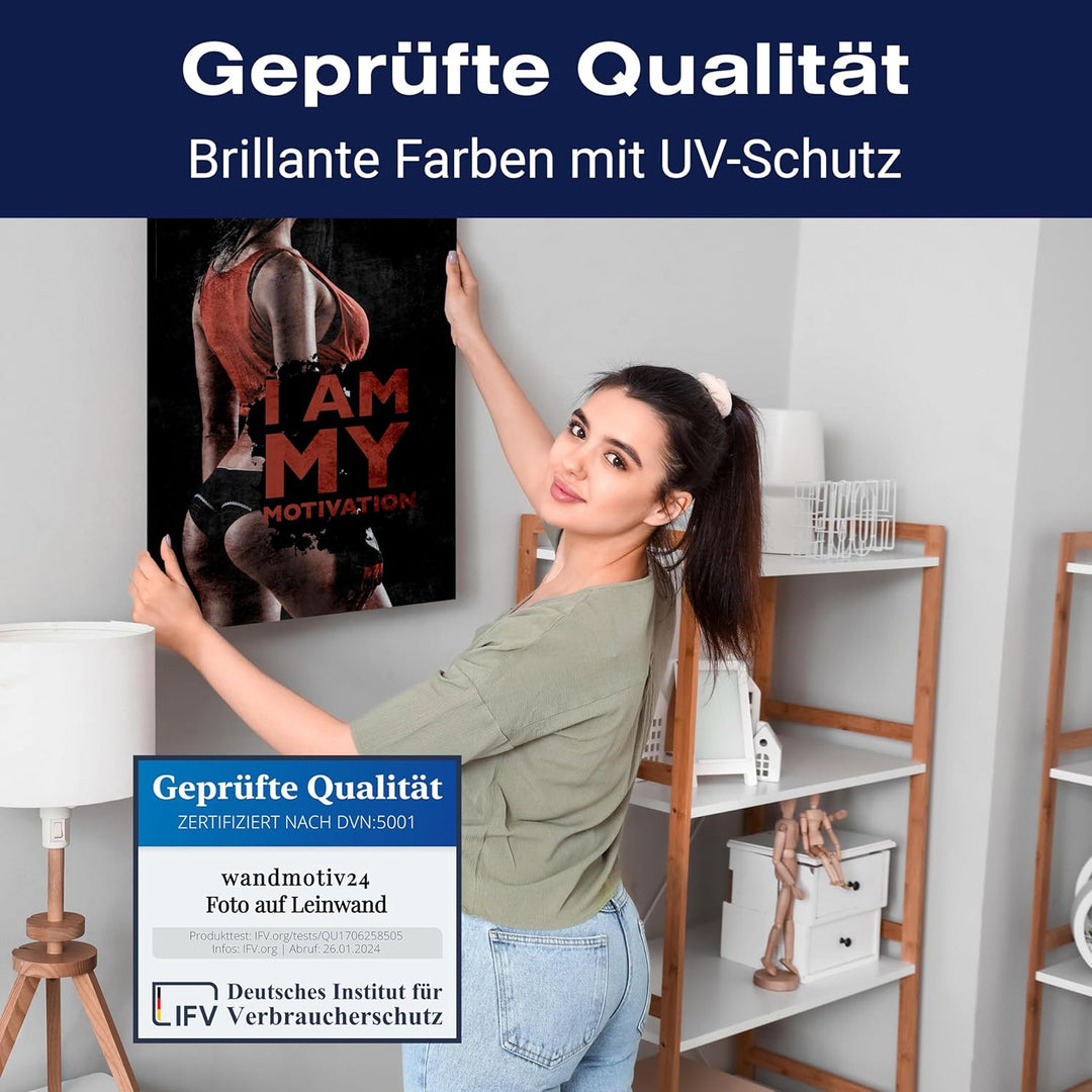 wandmotiv24 Leinwand-Bilder Motivation, Grösse 120x90cm, Hochformat, I am My Motivation, Frau, Sport