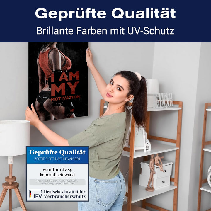 wandmotiv24 Leinwand-Bilder Motivation, Grösse 120x90cm, Hochformat, I am My Motivation, Frau, Sport