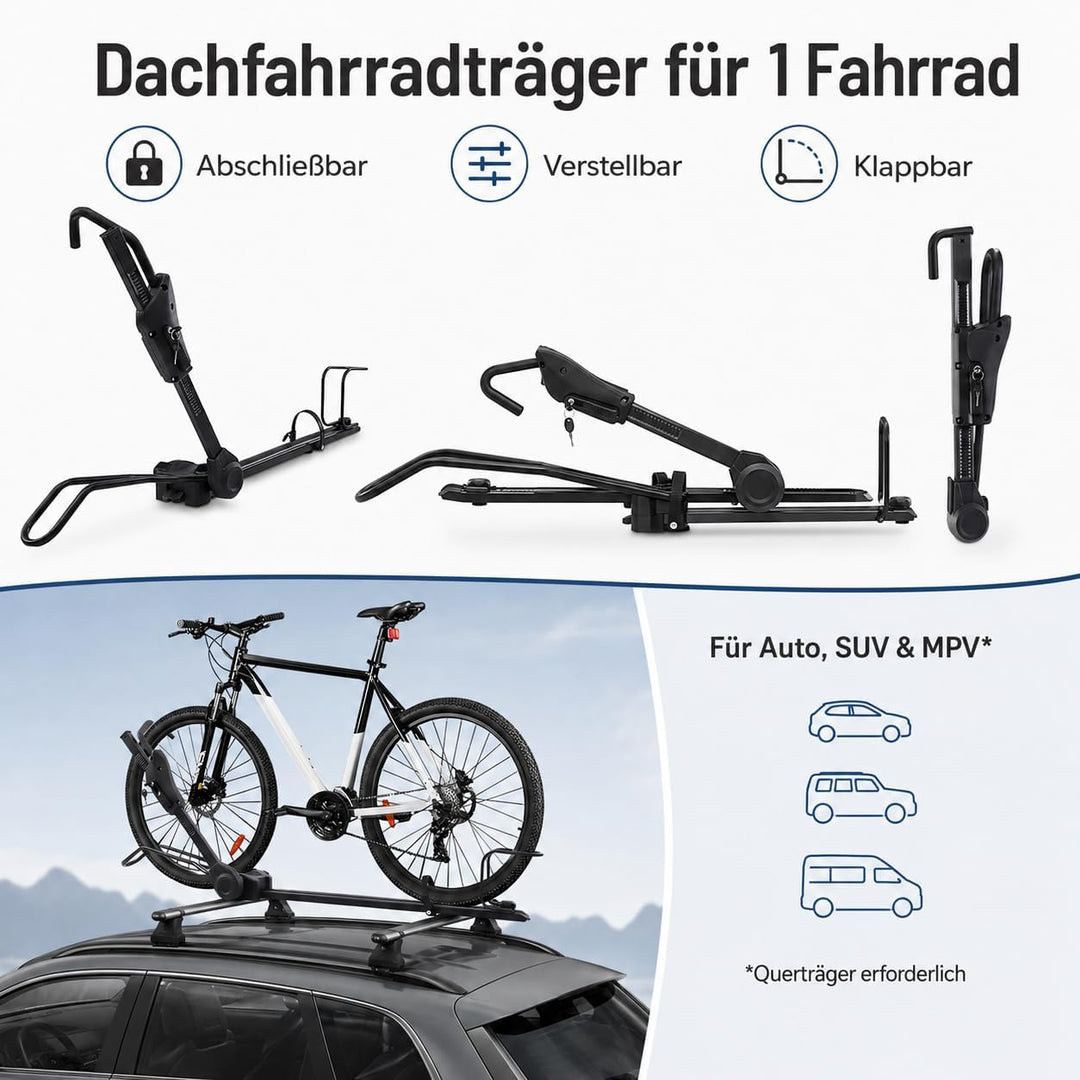 Fahrrad Dachträger E-Bike mit Diebstahlschutz für Auto SUV bis 38 Zoll