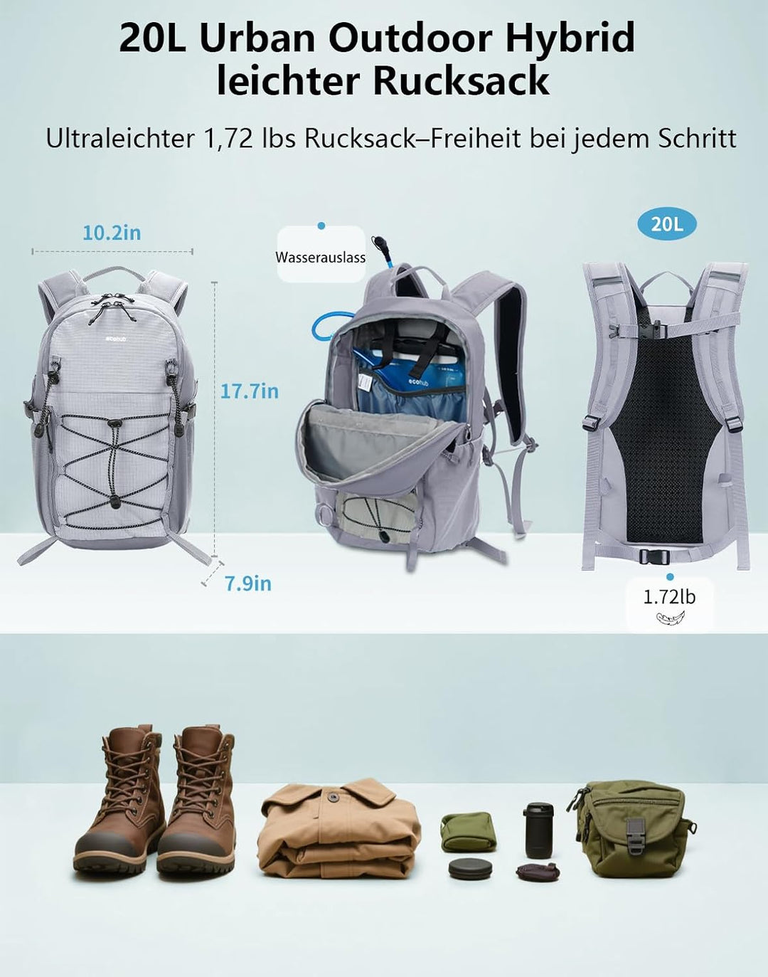 ECOHUB Leichter Atmungsaktiver Wanderrucksack mit Vielen Fächern aus PET | Dieser Wanderrucksack ist