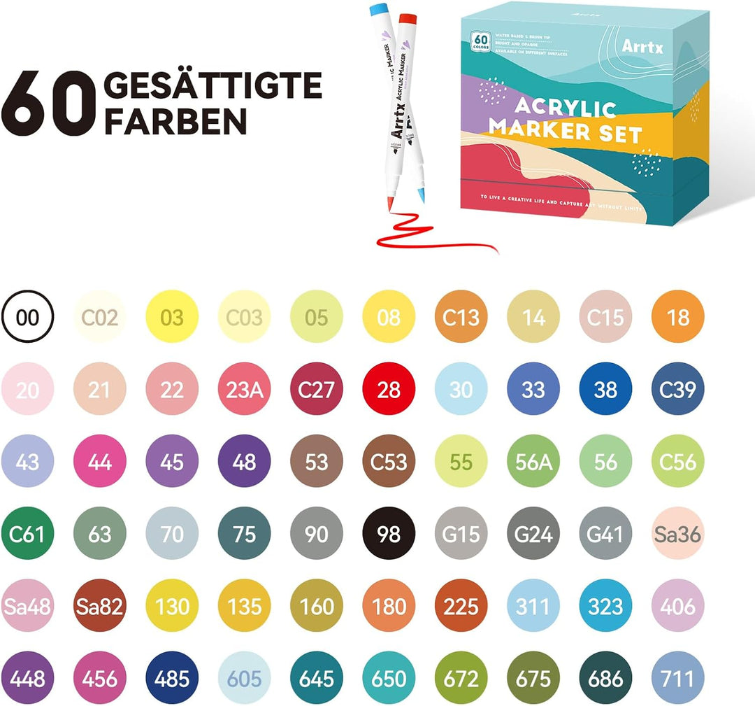 Arrtx 60 Farben Acrylstifte, Acrylmarker für Steine Wasserfest, Graffiti Acrylmalstifte Pinsel Spitz