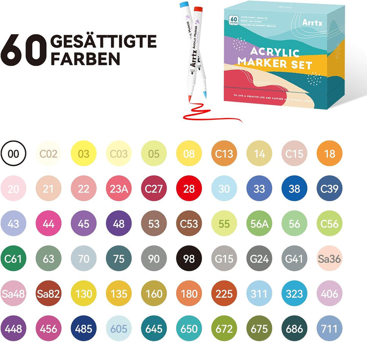 Arrtx 60 Farben Acrylstifte, Acrylmarker für Steine Wasserfest, Graffiti Acrylmalstifte Pinsel Spitz