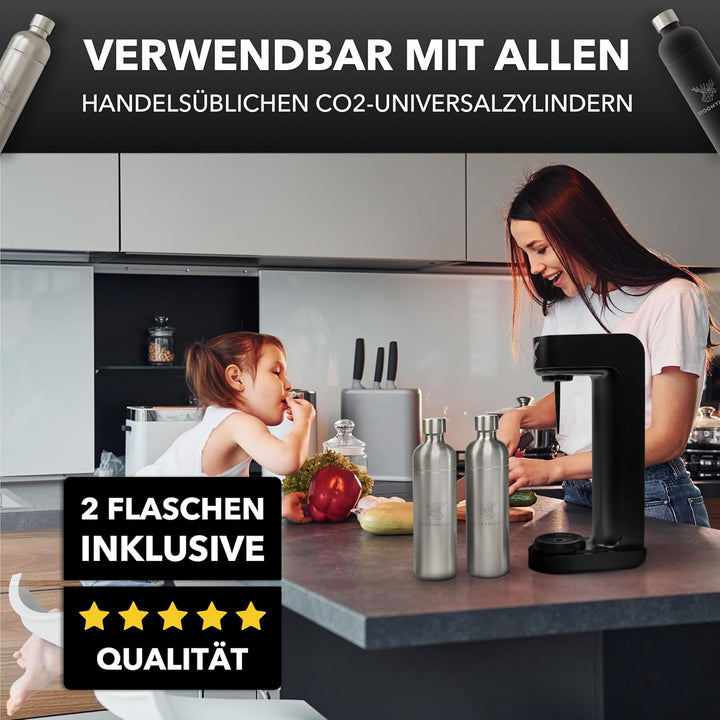 Luckymoose® Infinity Wassersprudler mit 2x 1,25L Edelstahlflaschen - Spart bis zu 25% CO2 dank Stopp