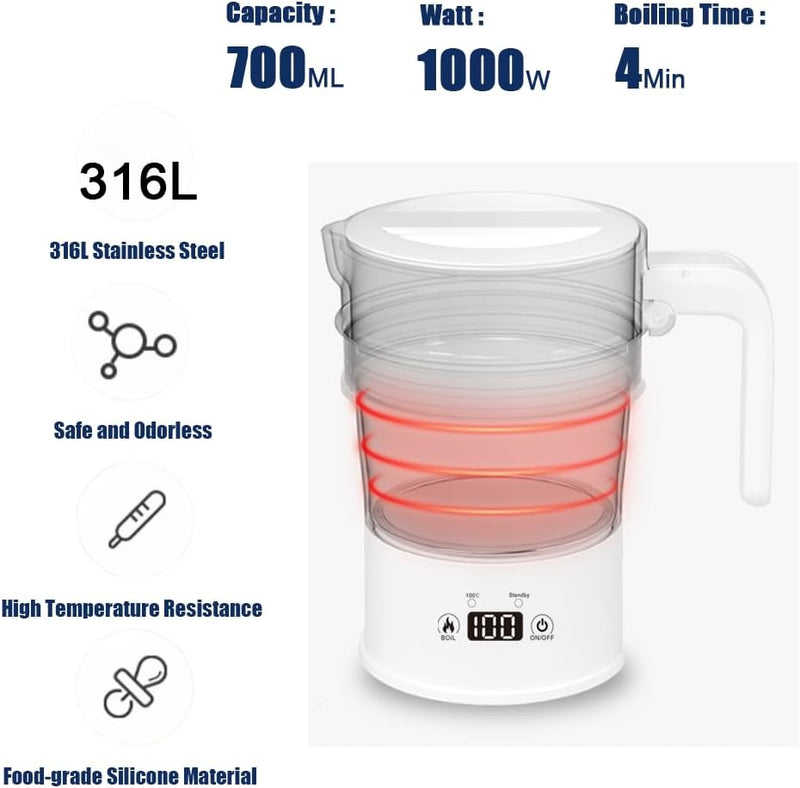 RHD 0.7L faltbarer elektrischer Wasserkocher,tragbarer Camping Wasserkocher mit Echtzeit-Temperatura