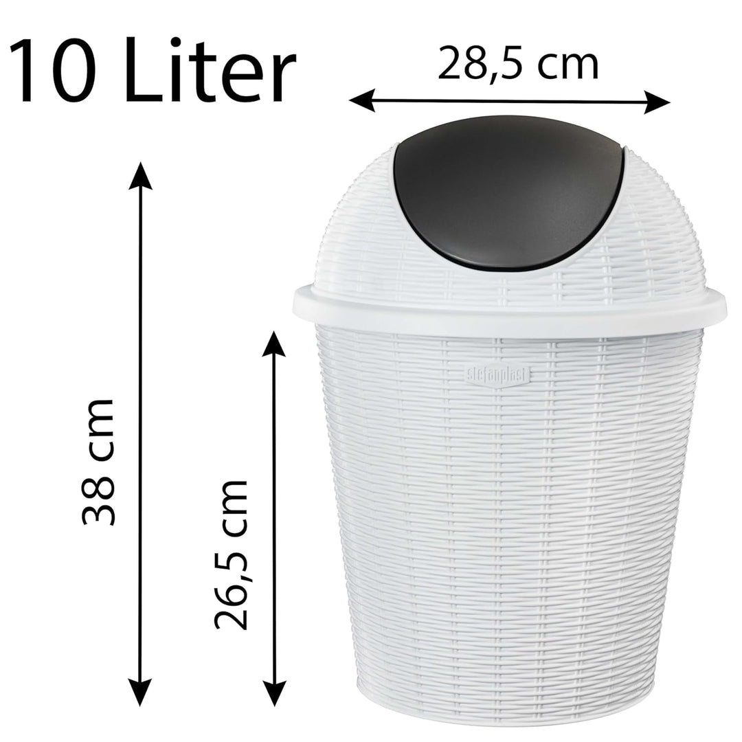 Mülleimer 10 Liter rund Weiss Rattanoptik Schwingdeckel Schwingdeckeleimer Kunststoff Küche Büro Bad