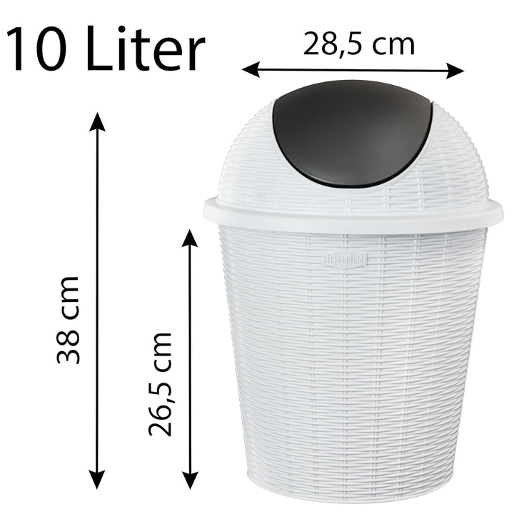 Mülleimer 10 Liter rund Weiss Rattanoptik Schwingdeckel Schwingdeckeleimer Kunststoff Küche Büro Bad