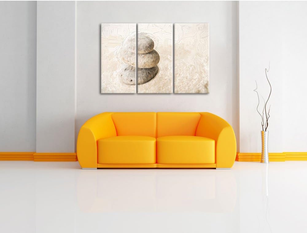 Pixxprint Steine im Sand mit Muster Pinsel Effekt 3-Teiler Leinwandbild 120x80 Bild auf Leinwand