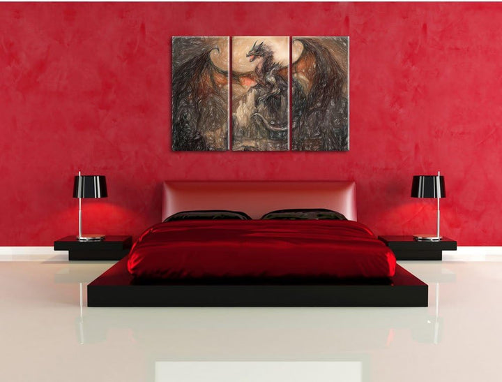 Pixxprint Drache schützend über Burg / 3-Teilig/Gesamtmass 120cm Leinwandbild bespannt auf Holzrahme