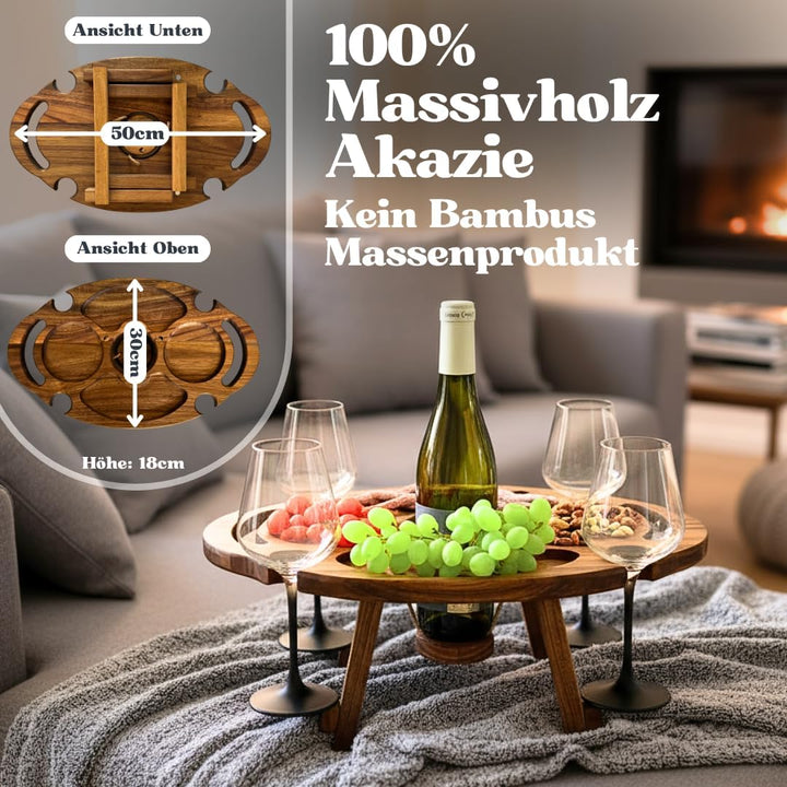 Weintisch Akazie Massivholz für 4 Personen - Weinbar & Weintablett für Zuhause oder Outdoor - auch a