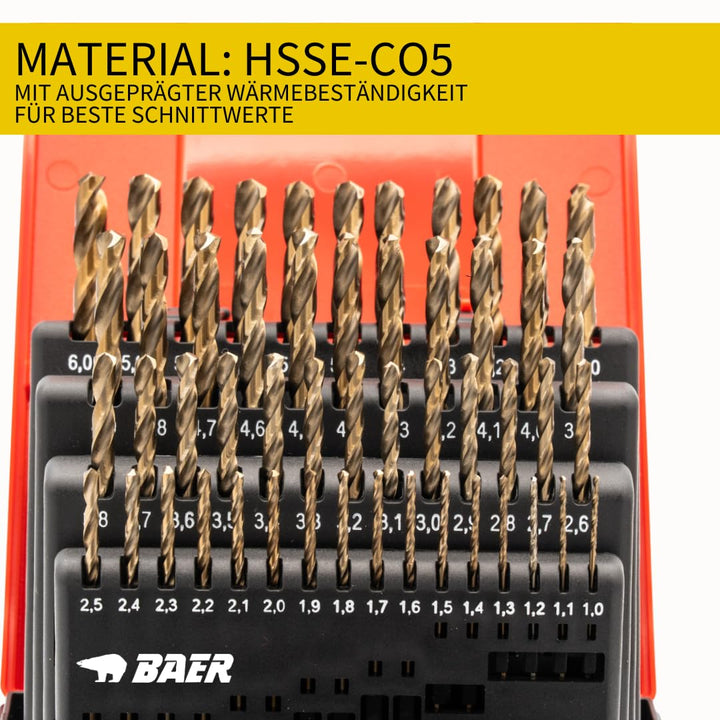 BAER Spiralbohrer Set HSSE inklusive Bohrpaste (0,1mm steigend) 1-6 mm - Spiralbohrersatz aus hochle