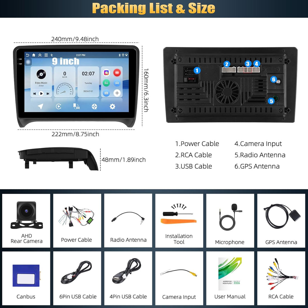 CAMECHO 4G+128G Android 15 Autoradio für Audi TT MK2 8J mit Navi Carplay Android Auto Wireless, Dopp