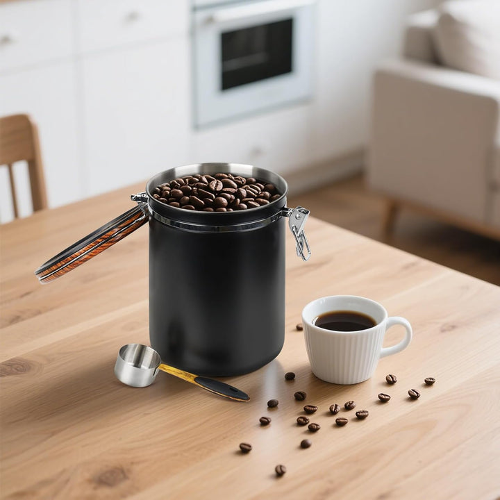 Kaffeedose Luftdicht 1kg Bohnen, 2,8 L Kaffeebohnenbehälter aus Edelstahl mit Deckel aus Holzmaserun