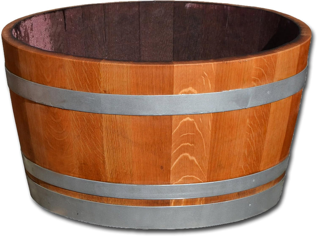 Temesso Holzfass als Pflanzkübel, Weinfass halbiert geschliffen und geölt mit silbernen Ringen (D70c