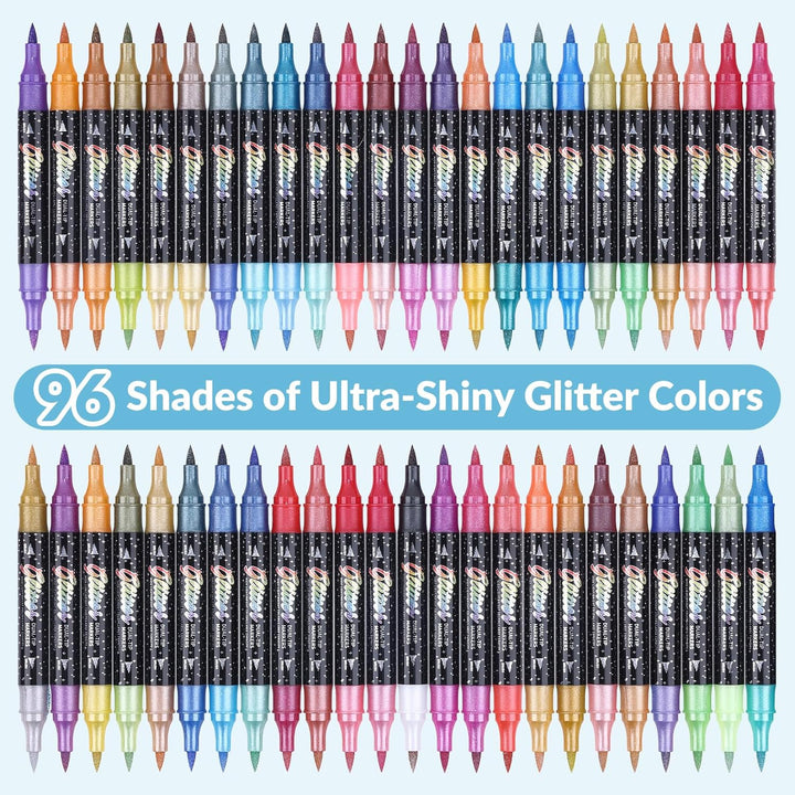 KEMYR Glitzer-Effekt-Pinsel-Marker, 96 Farben, Doppelspitze, Glitzerstifte, Set mit 48 metallischen