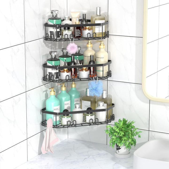 STEUGO Eck-Duschregal, Dusch-Organizer, Eck-Duschregal mit 12 Haken, 3er-Pack selbstklebende Duschre