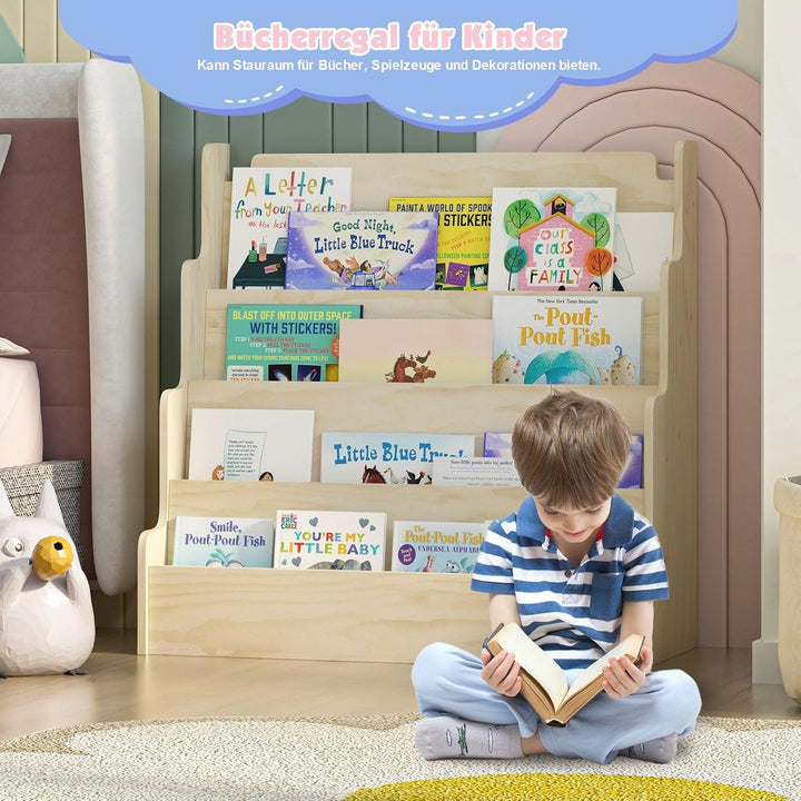 Bücherregal Kinder aus Kieferholz, Kinderregal mit 4 Ablage Montessori Regal stehend für Kinderzimme