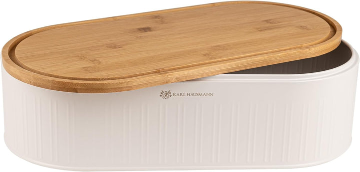 KARL HAUSMANN Brotkasten Weiss Metall mit Bambus Deckel - Hält Brot länger frisch | Grosse Brotbox z