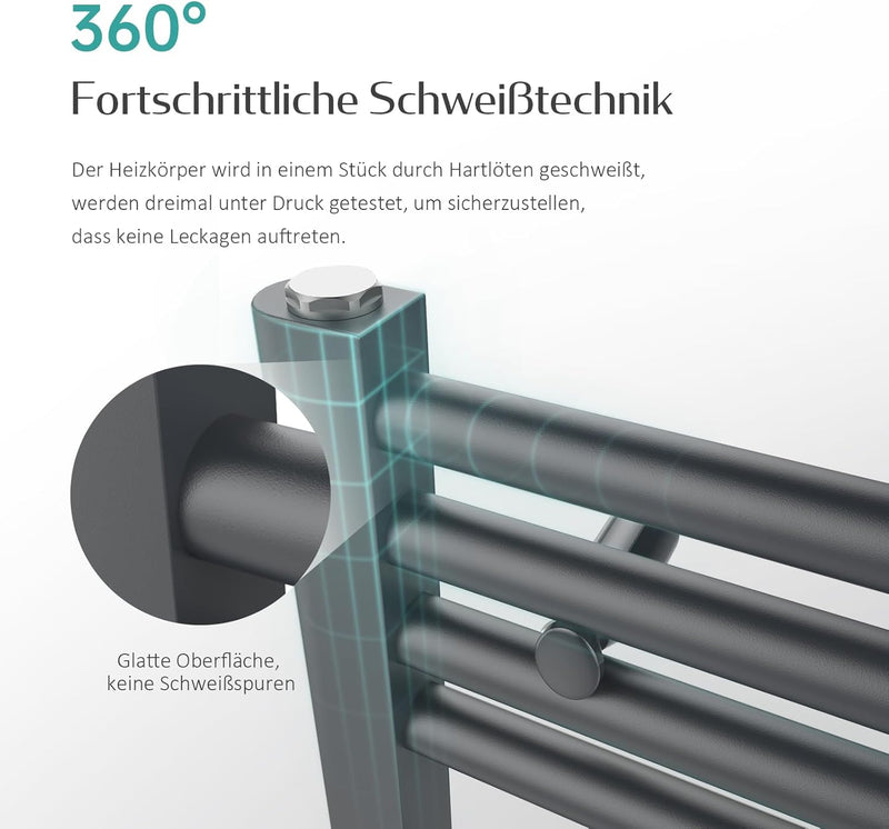 EMKE Handtuchheizkörper 1600x600 mm, Badheizkörper Handtuchhalter Mittelanschluss Handtuchwärmer Han