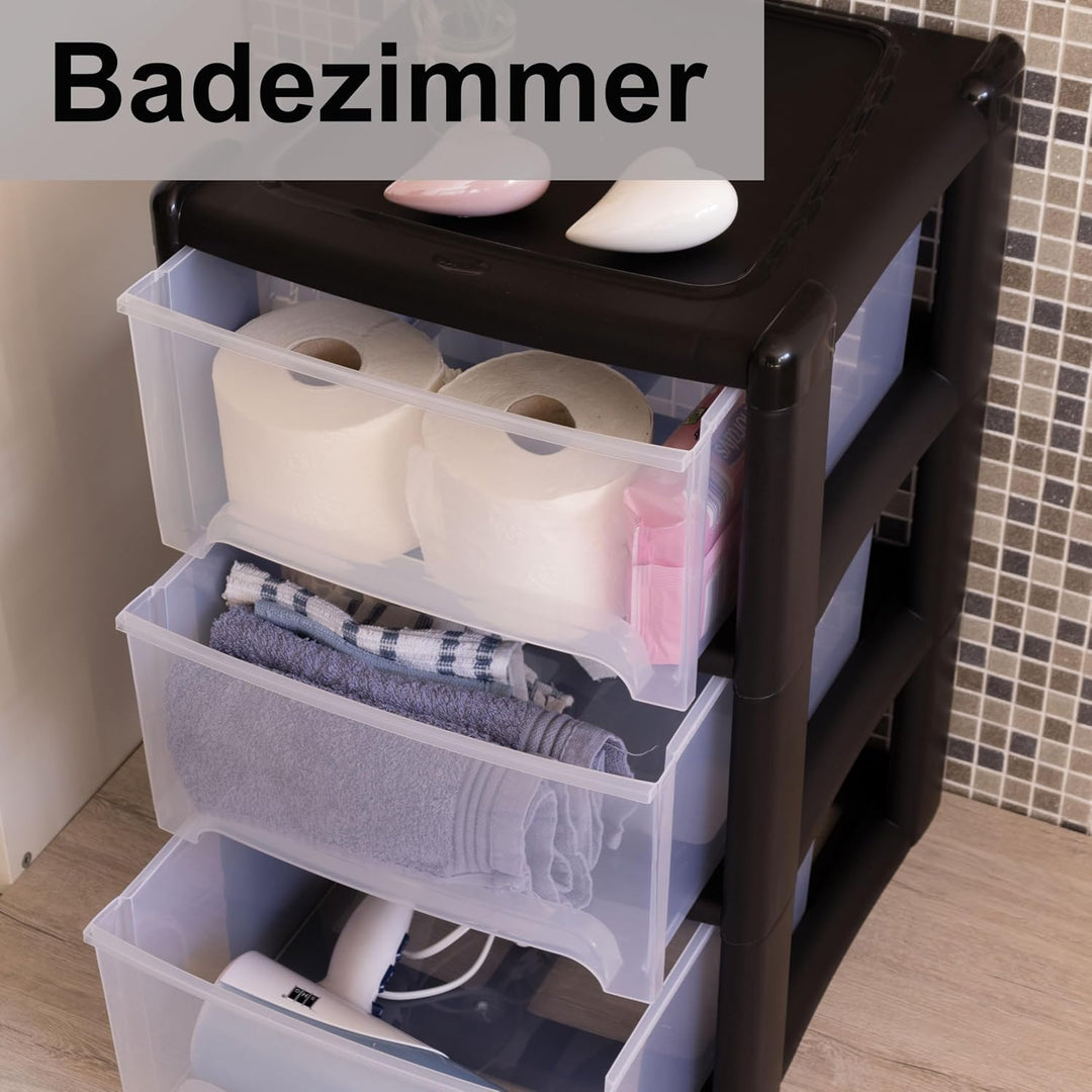 Schubladenbox 3 Schubladen 38x38x61cm schwarz-transparent Kunststoff Box Schwarz 3 Schubladen, Schwa