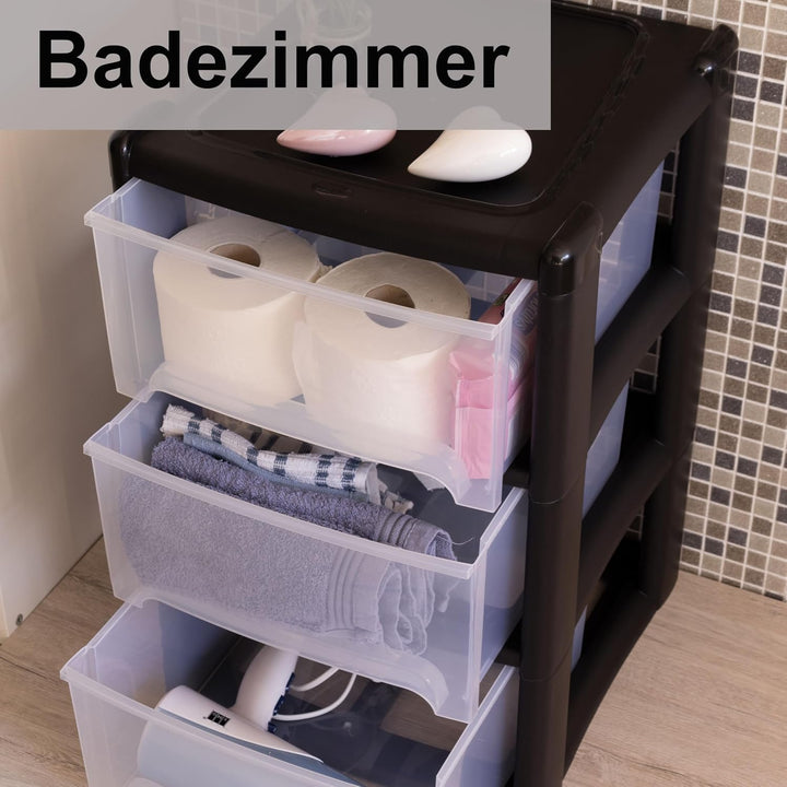 Schubladenbox 3 Schubladen 38x38x61cm schwarz-transparent Kunststoff Box Schwarz 3 Schubladen, Schwa