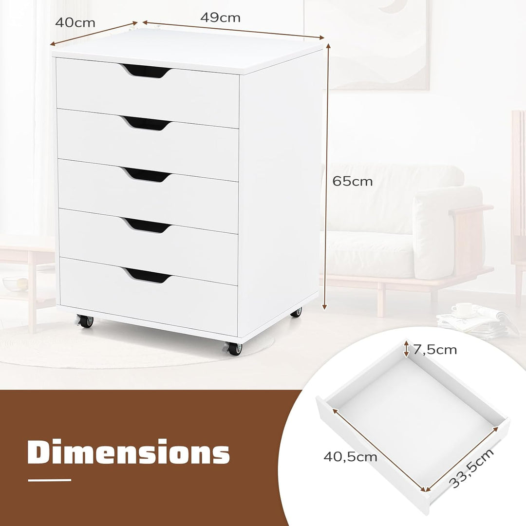 GIANTEX Rollcontainer mit 5 Schubladen, Aktenschrank mit Rollen, Schubladenschrank Holz, Druckertisc