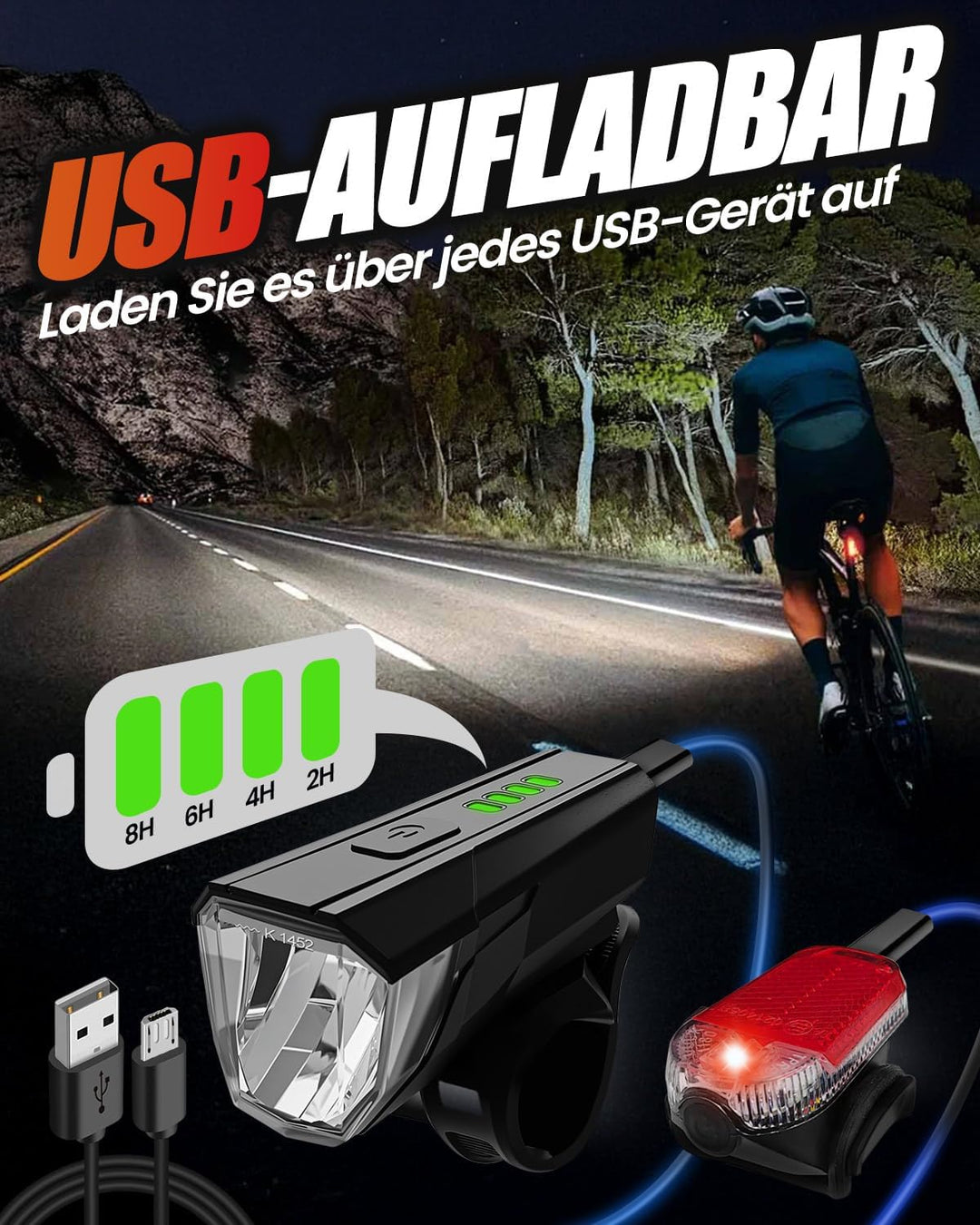 LED Fahrradlicht Set, Aufladbar, Wasserdicht Fahrradbeleuchtung Schwarz, Schwarz