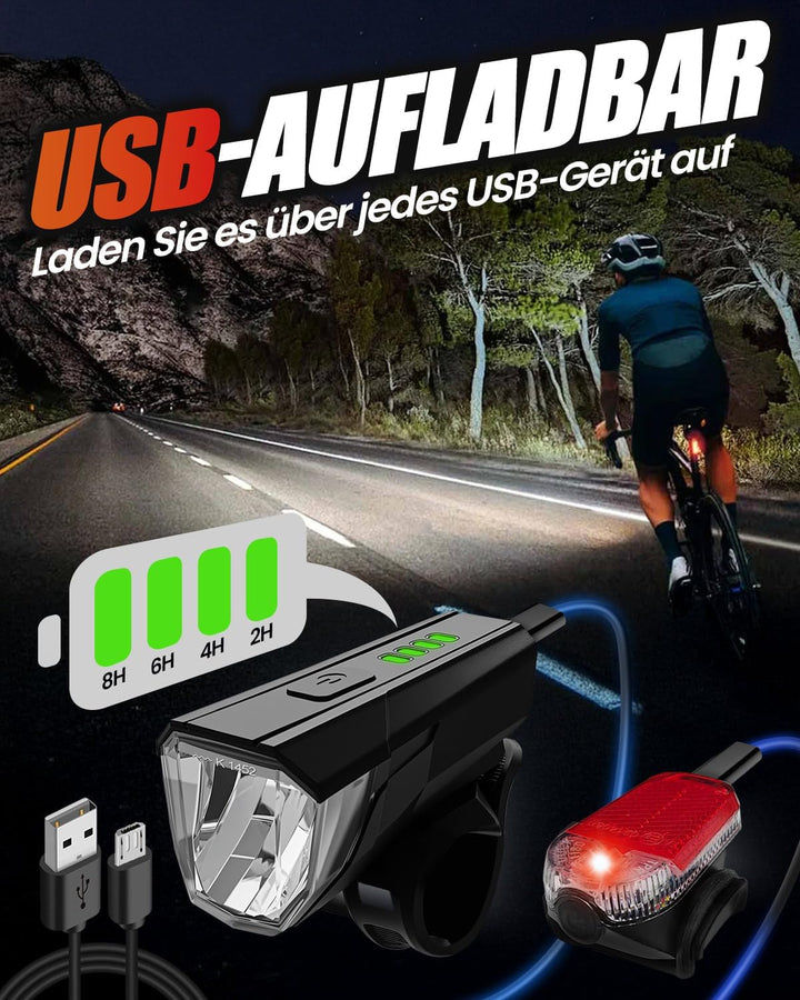 LED Fahrradlicht Set, Aufladbar, Wasserdicht Fahrradbeleuchtung Schwarz, Schwarz