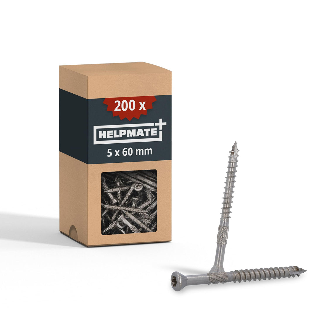 HELPMATE – Terrassenschrauben 5x60 Edelstahl A2 Rostfrei – 200 Stück Dielenschrauben + 1 T25 Bit – T