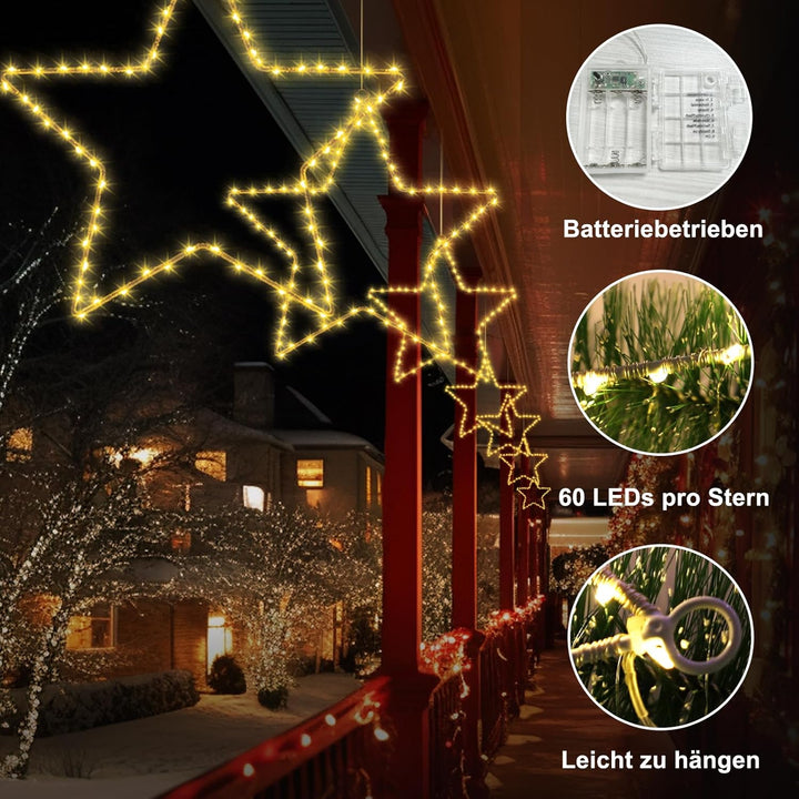 CCILAND Batteriebetrieben Weihnachten Beleuchtet LED Stern Lichter Fensterdeko Warmweiss,3 Stück 180