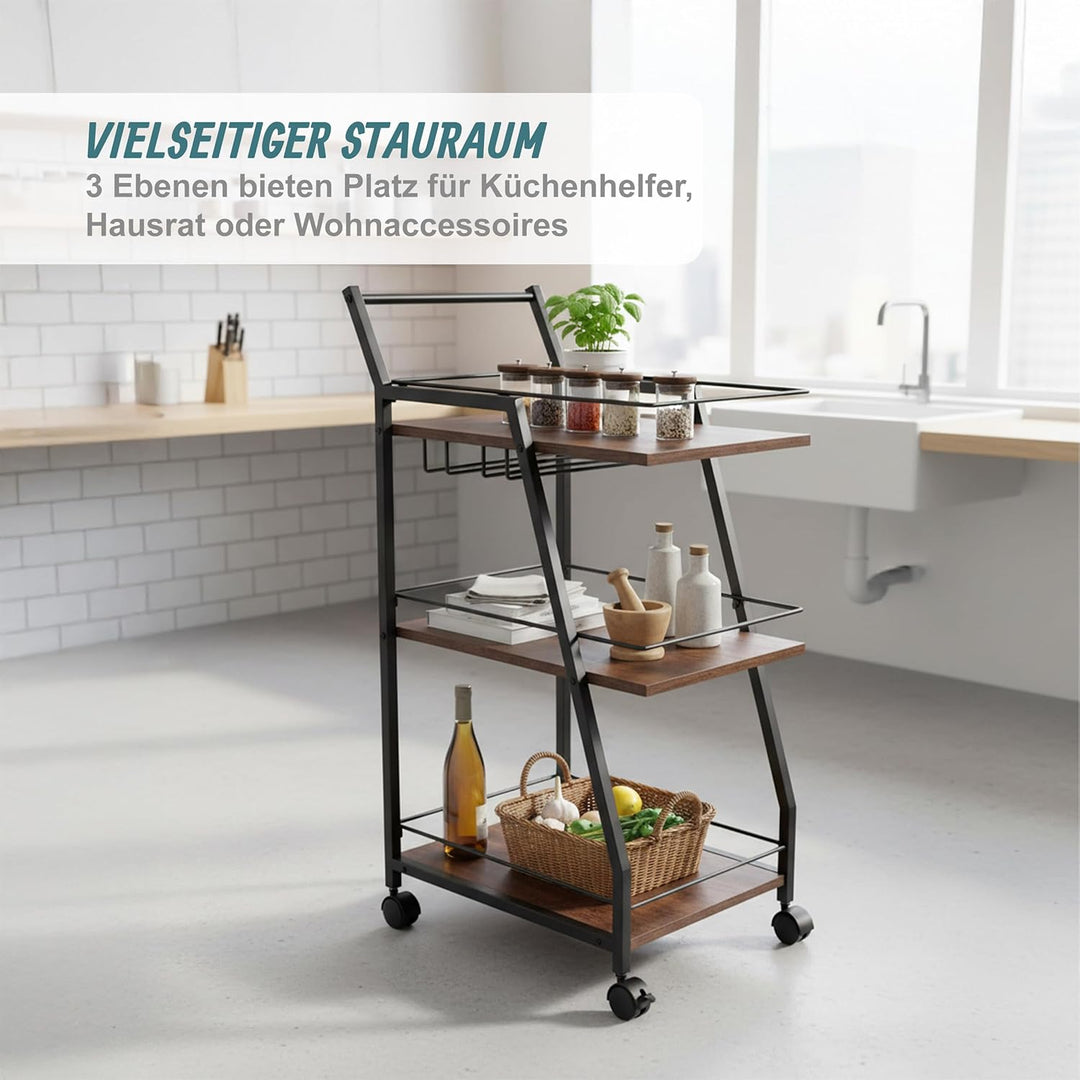 Relaxdays Küchenwagen, 3 Ebenen, Gläserhalter, Industrial, Rollwagen Küche, HBT 83x39x29 cm, Servier