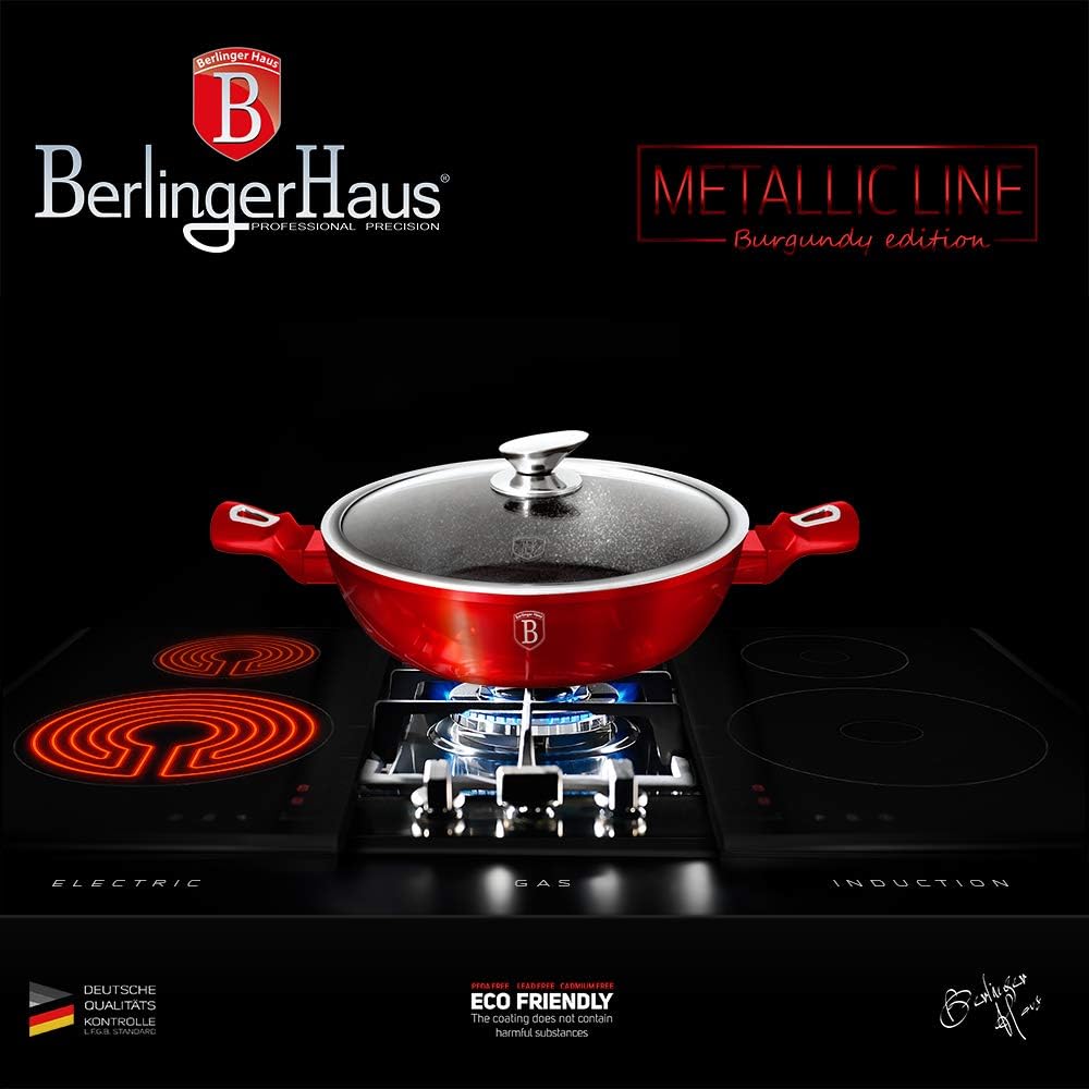 BERLINGER HAUS - Flacher Topf mit 28 cm Deckel, Metallic Line Burgundy Edition