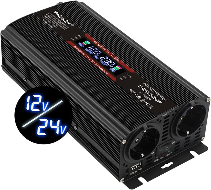 Yinleader Spannungswandler 12V/24V auf 230V 1500W / 3000W Wechselrichter mit 2 EU Steckdosen 1 USB u
