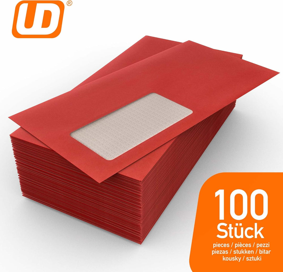 100 Fensterumschläge, Cadmium, Rot, Dunkelrot, DIN lang = 220 x 110 mm, Haftklebestreifen, Kuverts m