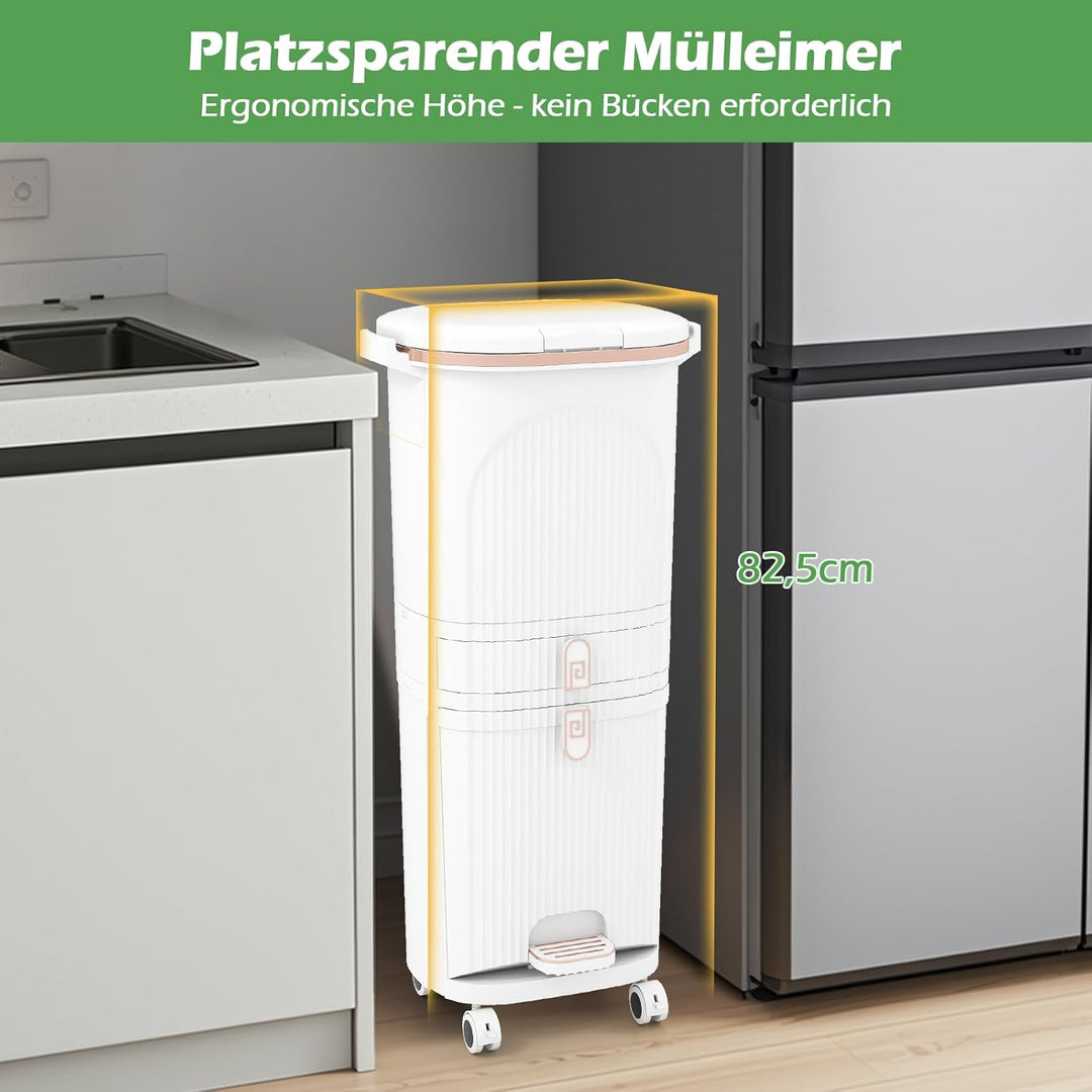 COSTWAY Mülleimer Küche, Mülltrennsystem 3 Fächer, 2 x 12L Inneneimer & 14L Treteimer, Abfalleimer m