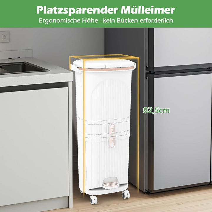COSTWAY Mülleimer Küche, Mülltrennsystem 3 Fächer, 2 x 12L Inneneimer & 14L Treteimer, Abfalleimer m