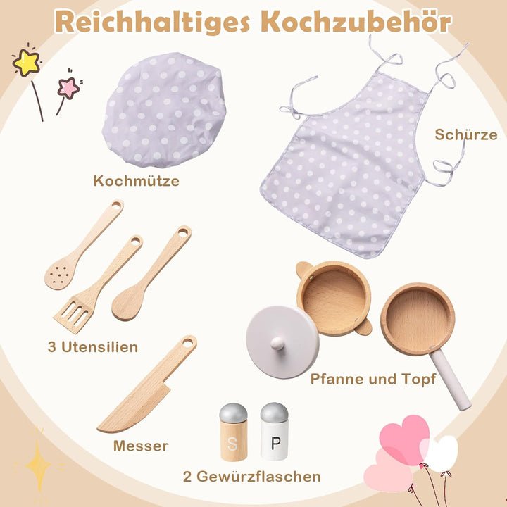 COSTWAY Kinderküche mit 10 Zubehör, Spielküche Holz mit Licht und Sound, Spielzeugküche mit Herd & S