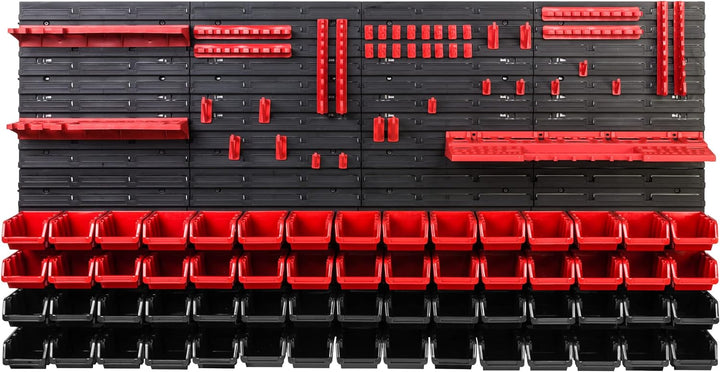 Lagersystem Werkstattregal | 156 x 78 cm | 60 stck. Box | Wandregal mit Werkzeughalterungen und Stap