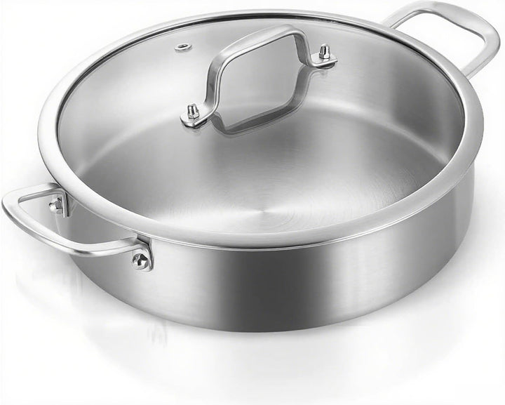 Schmorpfanne 28 cm Hoher Rand 9,5 cm: Dreilagige Edelstahl Pfanne mit Deckel,Bräter Induktion,Schmor