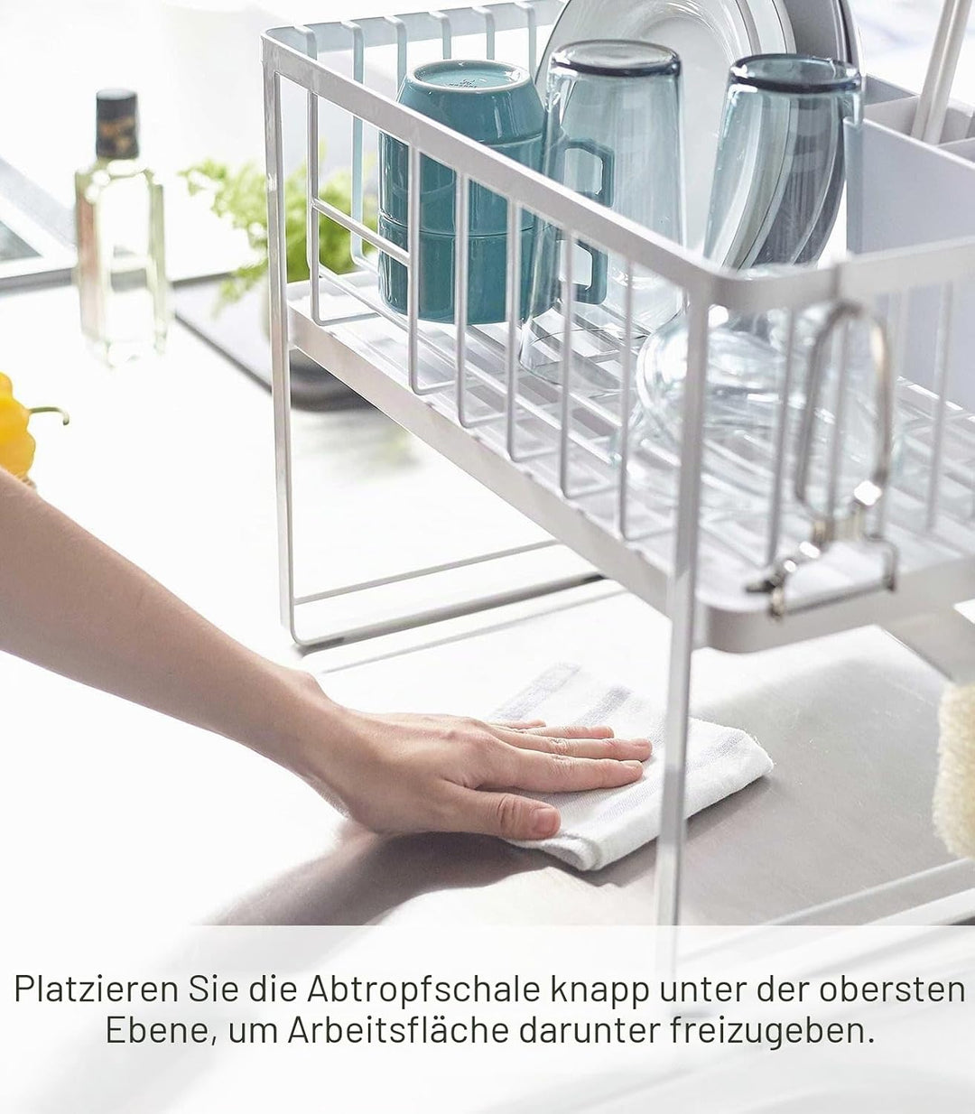 YAMAZAKI Home Abtropfgestell mit Zwei Ebenen, verstellbar, kompaktes Abtropfgestell mit Haken, Utens