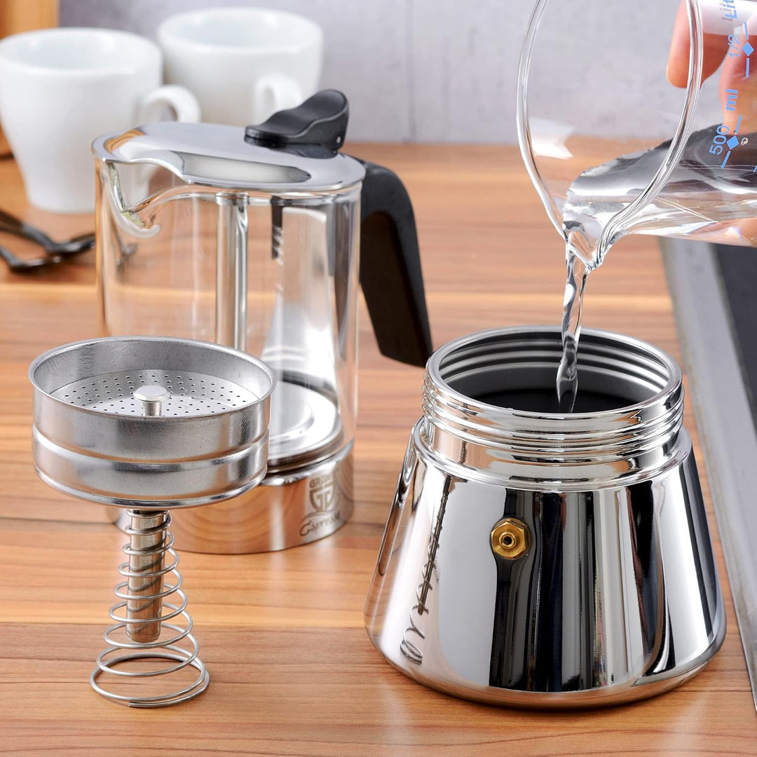 GRÄWE Espressokocher aus Edelstahl mit Glaskanne, für Induktion und alle Herdarten geeignet, spülmas